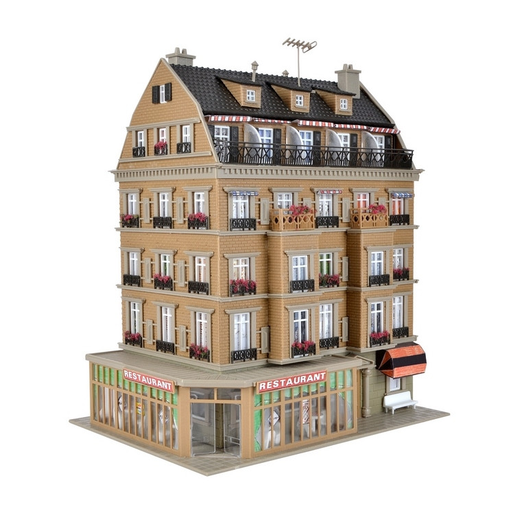 Bâtiment avec restaurant, aménagement et kit d'éclairage Led-HO-1/87-VOLLMER 43781