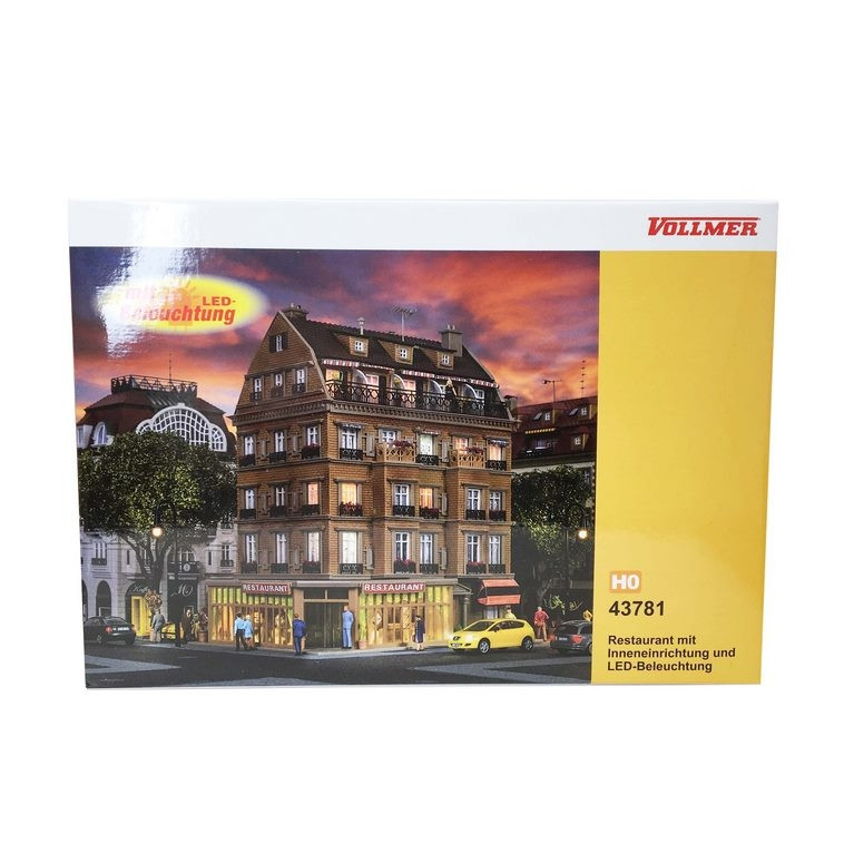 Bâtiment avec restaurant, aménagement et kit d'éclairage Led-HO-1/87-VOLLMER 43781