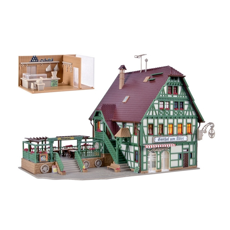Auberge avec boucherie, aménagement et kit d'éclairage Led-HO-1/87-VOLLMER 43736