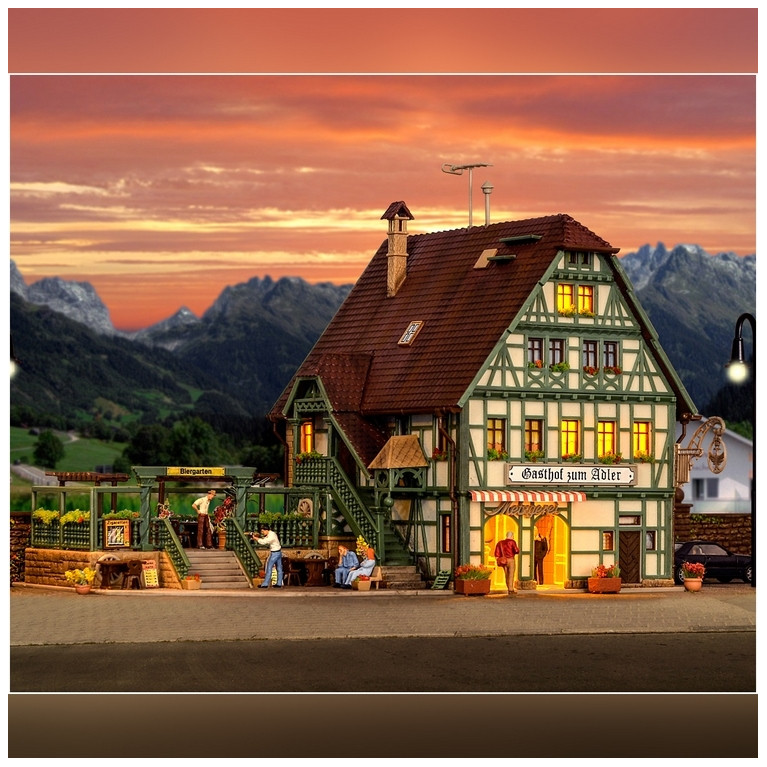 Auberge avec boucherie, aménagement et kit d'éclairage Led-HO-1/87-VOLLMER 43736