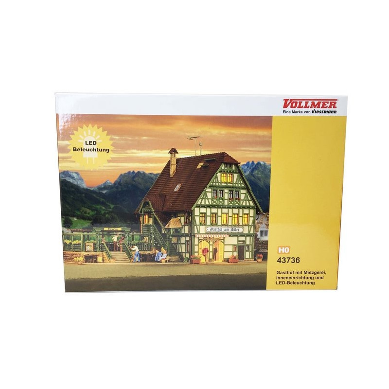 Auberge avec boucherie, aménagement et kit d'éclairage Led-HO-1/87-VOLLMER 43736