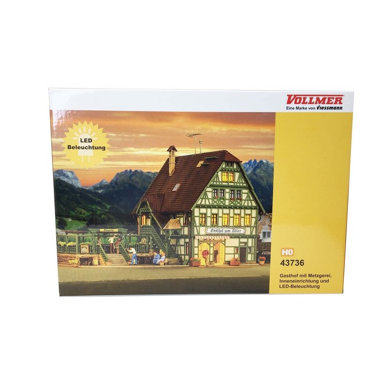 Auberge avec boucherie, aménagement et kit d'éclairage Led-HO-1/87-VOLLMER 43736