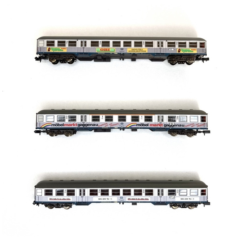 3 voitures Silberling Publicitaires DB Ep V-N 1/160-MINITRIX 18213