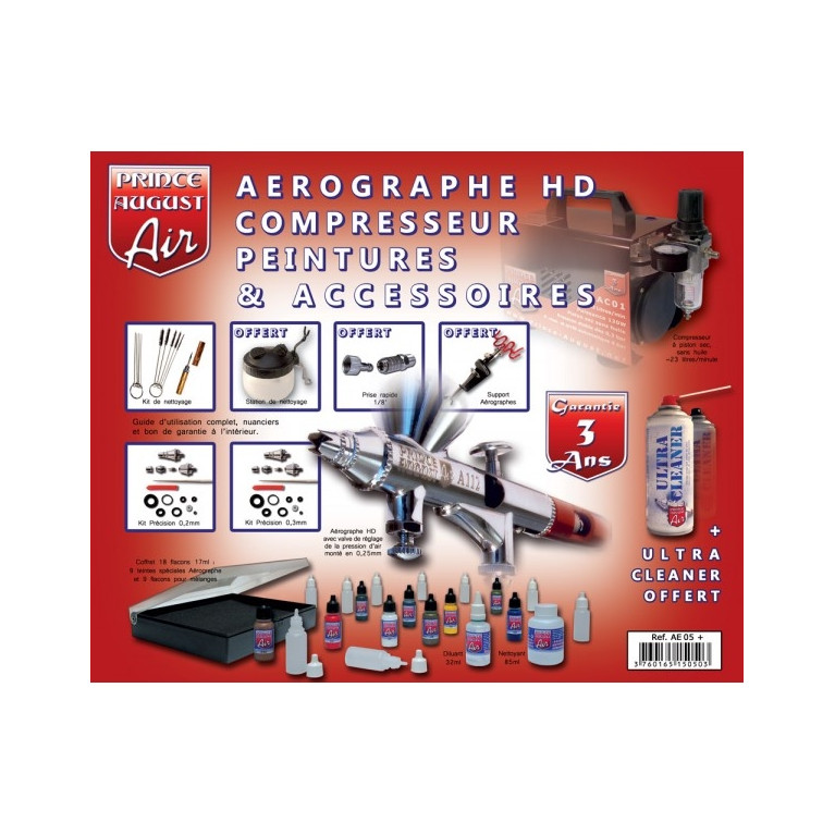 Coffret aéro HD double action compresseur peinture ultra polyvalent +UC01 - PRINCE AUGUST AE05+