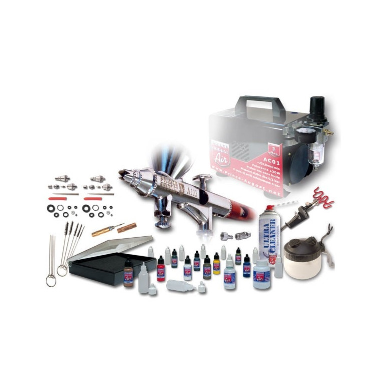 Coffret aéro HD double action compresseur peinture ultra polyvalent +UC01 - PRINCE AUGUST AE05+