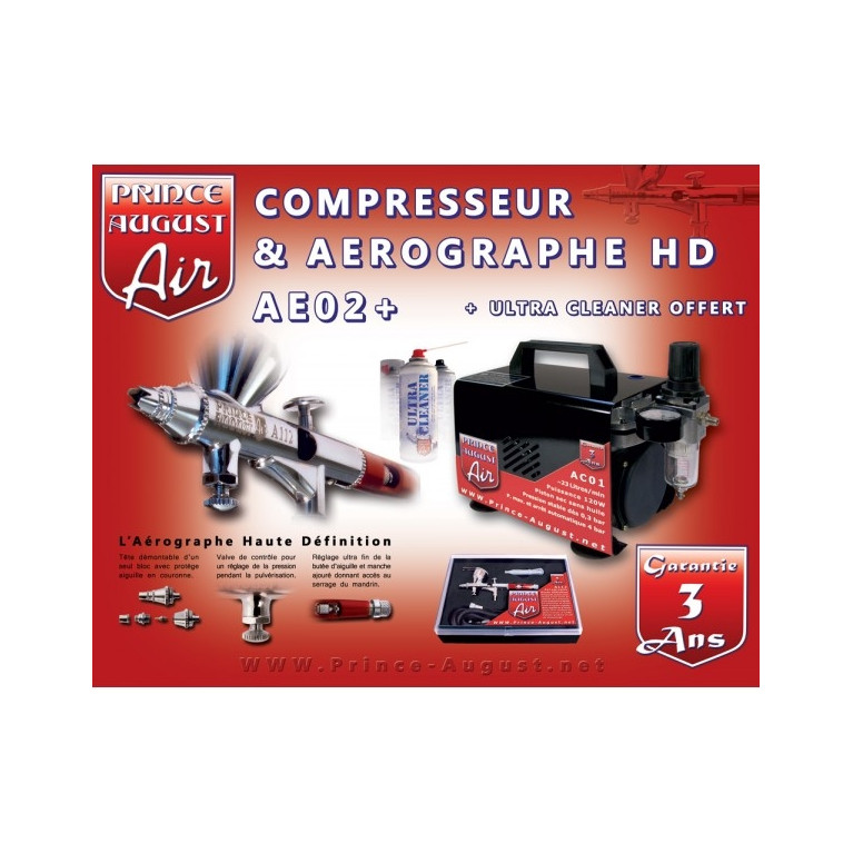 Coffret aéro HD double action, compresseur + Ultra Cleaner - PRINCE AUGUST AE02+