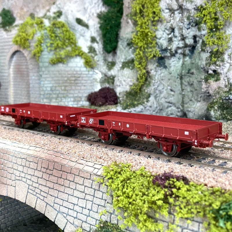 2 wagons plats OCEM 29 rouge freiné roues pleines Sncf, Ep III - REE WB607 - HO 1/87