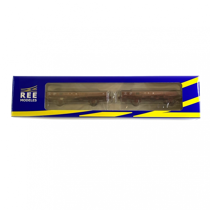 2 wagons plats OCEM 29 rouge freiné roues pleines Sncf, Ep III - REE WB607 - HO 1/87