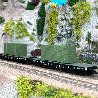 2 wagons plats à rancher + caisse bois, camouflage armée DRB, Ep II - LILIPUT 230170 - HO 1/87