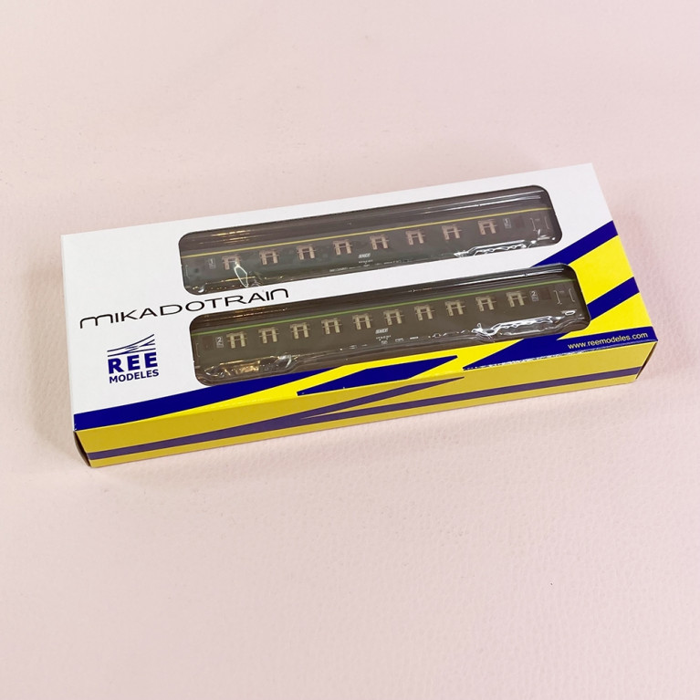2 voitures DEV AO A8 et B10 "1CL, 2CL" logo blanc encadré, Sncf, Ep IV - REE NW276 - N 1/160