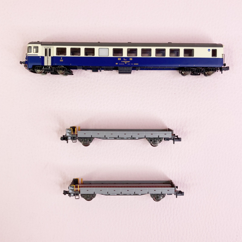 Remorque d'autorail BDt et 2 wagons porte-autos, BLS, Ep IV - LEMKE Collection LC96009 - N 1/160