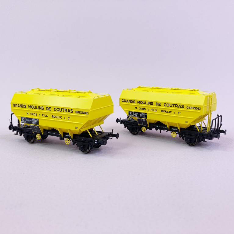 2 wagons trémies céréalier "Grands Moulins de Coutras", Sncf, Ep III - REE WB727 - HO 1/87