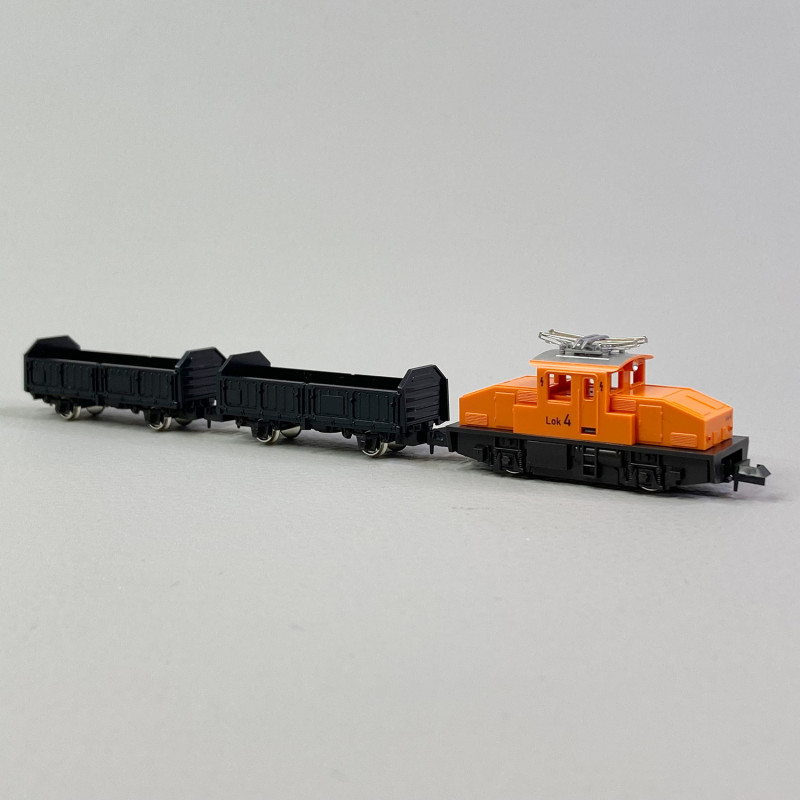 Locomotive électrique E Lok 4 + 2 wagons tombereaux, industrielle, Ep IV - KATO 105007 (10-504-1) - N 1/160