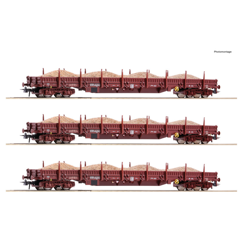 3 wagons plats à ranchers Res, transport de sable, DR, Ep IV - ROCO 77042 - HO 1/87