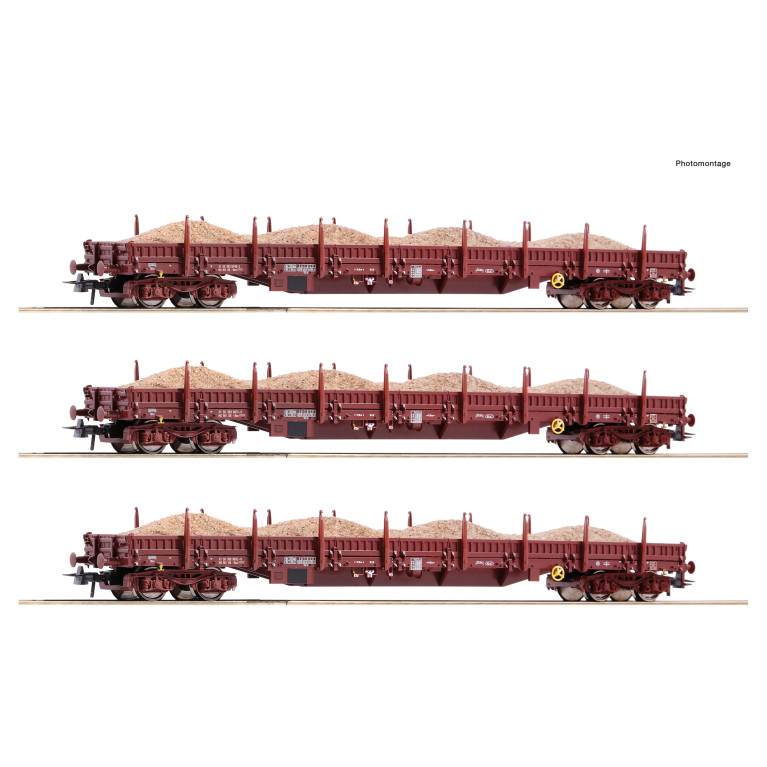 3 wagons plats à ranchers Res, transport de sable, DR, Ep IV - ROCO 77042 - HO 1/87