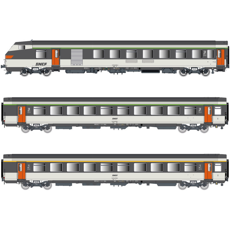 Rame réversible 3 voitures corail Vu + VTu, logo encadré, Sncf,  Ep IV - Lsmodels 41250DC- HO 1/87