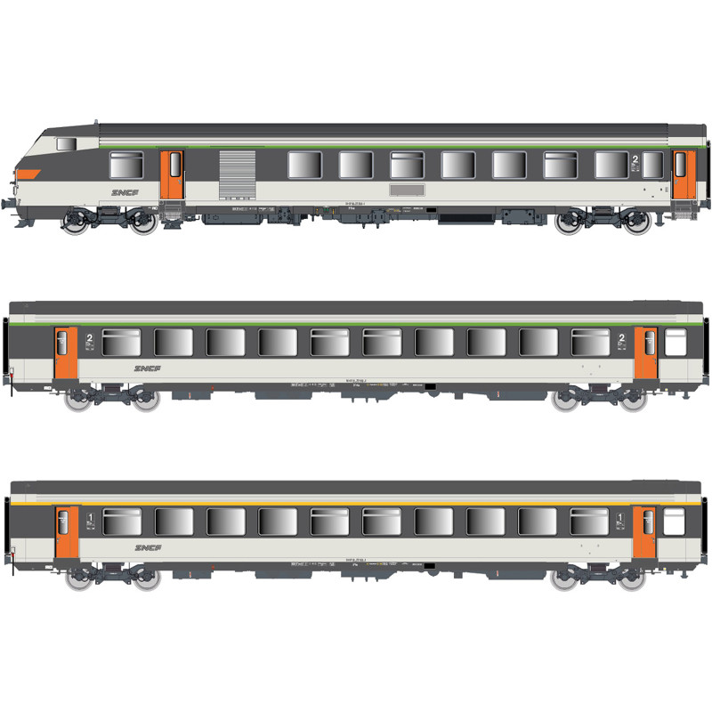 Rame réversible 3 voitures corail Vu + VTu, logo Nouille, Sncf,  Ep IV et V - Lsmodels 41252DC- HO 1/87