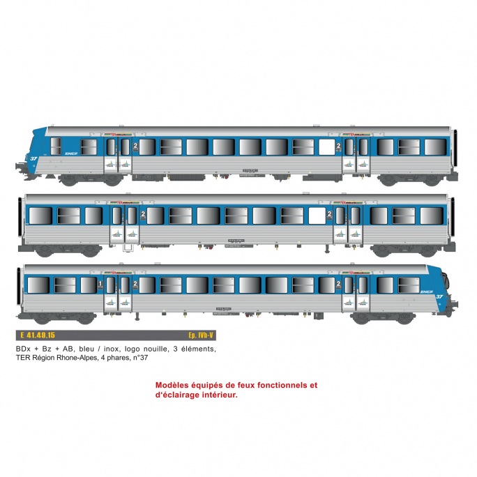 Rame réversible BDx + Bz +AB, TER Rhône Alpes, SNCF,  Ep IV et V - EPM E414915 - HO 1/87