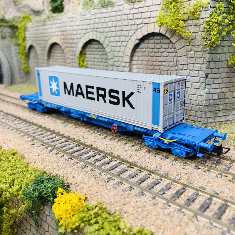 wagon porte-conteneurs MMC3 à 4 essieux, chargé d'un conteneur «Maersk», RENFE, Ep V - ELECTROTREN HE6044-HO 1/87