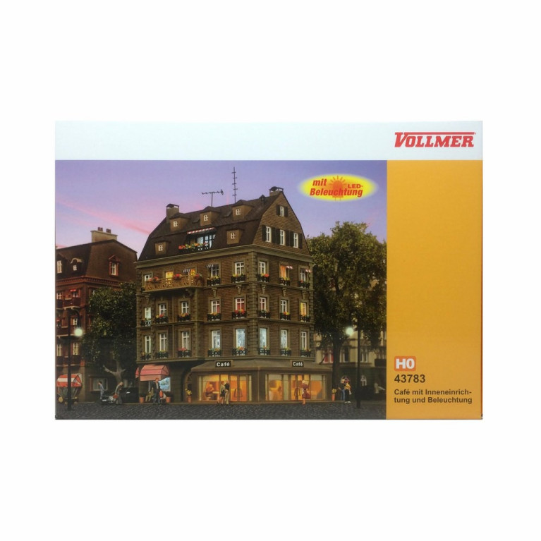 Maison de ville avec café en angle et éclairage -HO-1/87-VOLLMER 43783