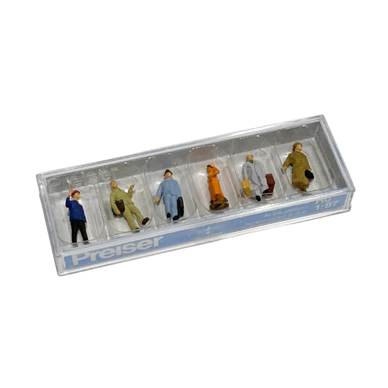 6 figurines, 5 voyageurs avec valises et 1 personnel de gare - PREISER 14049 - HO 1/87