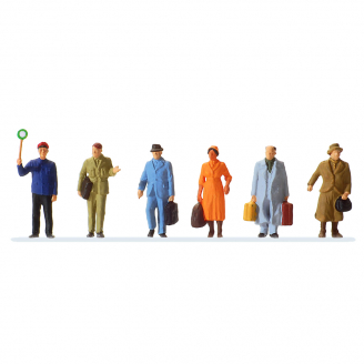 6 figurines, 5 voyageurs avec valises et 1 personnel de gare - PREISER 14049 - HO 1/87