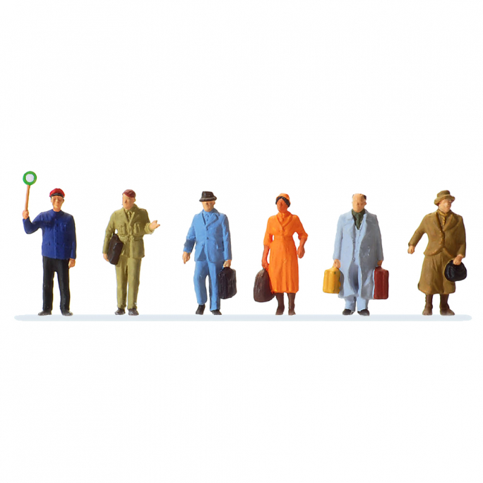 6 figurines, 5 voyageurs avec valises et 1 personnel de gare - PREISER 14049 - HO 1/87