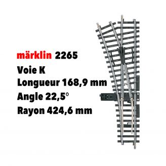 Aiguillage à gauche voie K 168,9 mm / rayon 424,6 mm 22,5° - MARKLIN 2265 - HO 1/87