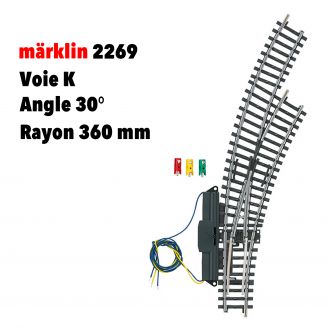 Aiguillage enroulé à droite voie K, courbe extérieure 30°, entraxe 64,6 mm avec moteur - MARKLIN 2269 - HO 1/87