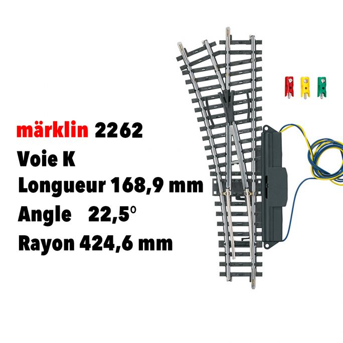 Aiguillage à gauche voie K 168,9 mm / rayon 424,6 mm 22,5° avec moteur - MARKLIN 2262 - HO 1/87