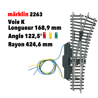 Aiguillage à droite voie K 168,9 mm / rayon 424,6 mm 22,5° avec moteur - MARKLIN 2263 - HO 1/87