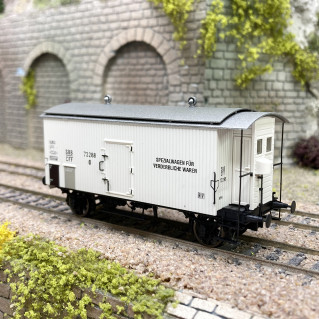 Set de 2 wagons frigorifiques à essieux Frangeco Ibes, courts, logo STEF bleu, marquage UIC, 100