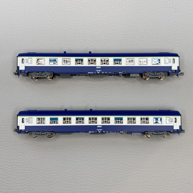 2 voitures couchettes UIC Y, B9C9x, livrée TEN, logo encadré blanc, SNCF, Ep IV - REE NW-189 - N 1/160