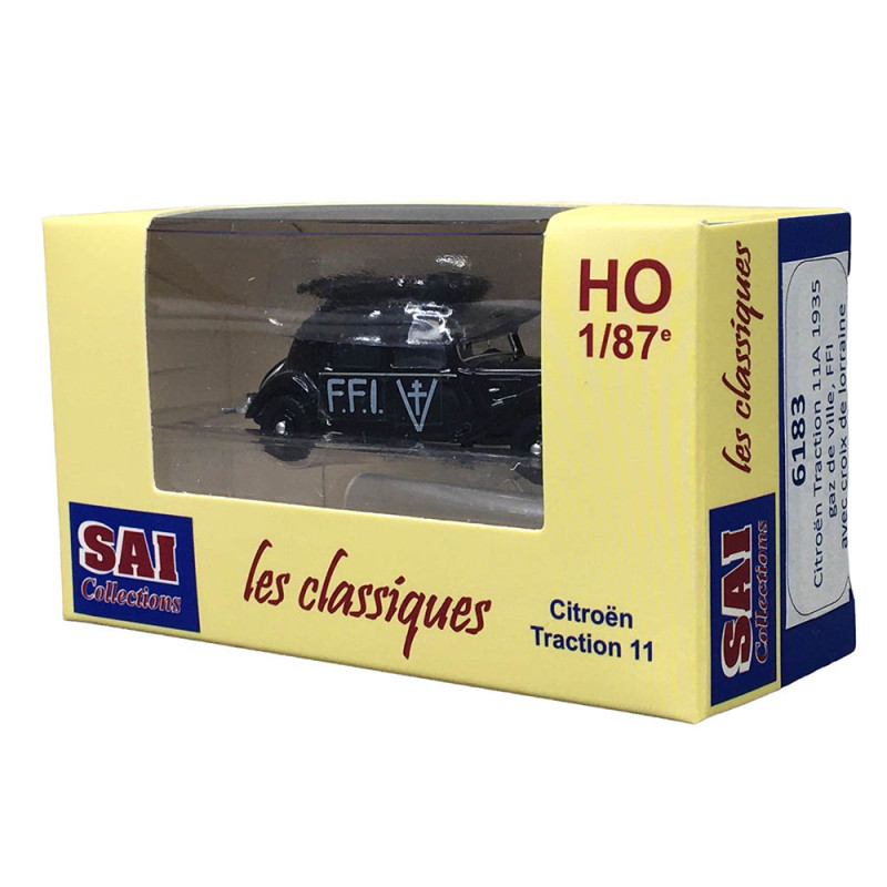 Citroen traction 11A, 1935, gaz de ville, Noire FFI avec croix de Lorraine - SAI6183 - HO 1/87