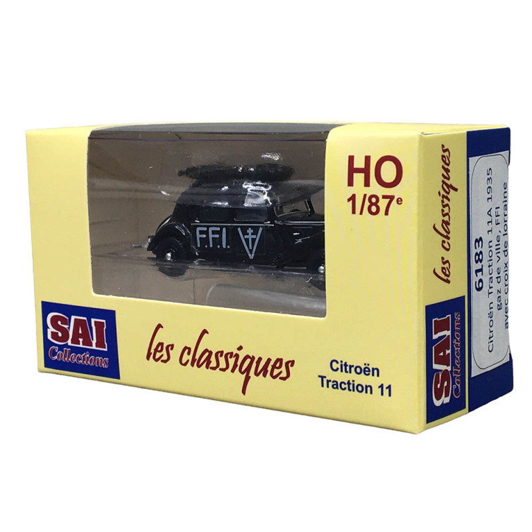 Citroen traction 11A, 1935, gaz de ville, Noire FFI avec croix de Lorraine - SAI6183 - HO 1/87