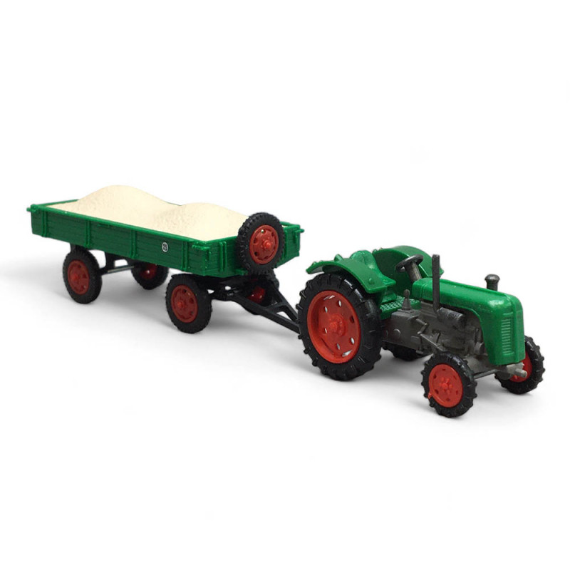 Tracteur Famulus avec remorque, Vert - BUSCH 210110112 - HO 1/87
