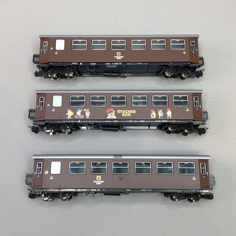 3 voitures voyageurs type B4ip/s "Ötscherbär", NOVOG, voie étroite, Ep VI - ROCO 6240002 - HOe 1/87