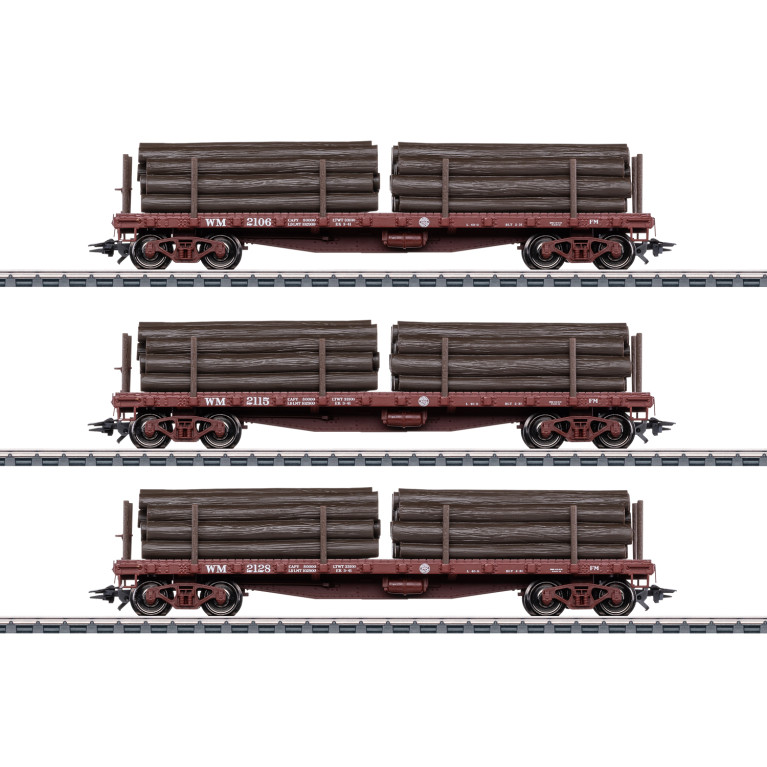 3 wagons transport de bois à ranchers, US-Flat Car, Western Maryland, USA - MARKLIN 45600