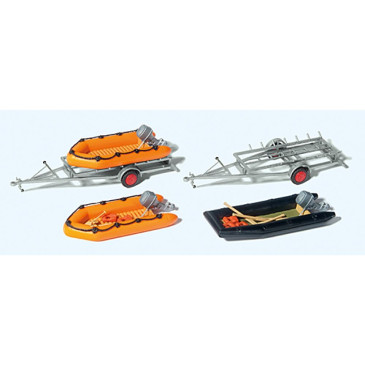3 bateaux pneumatiques et 2 remorques - PREISER 17312 - HO 1/87