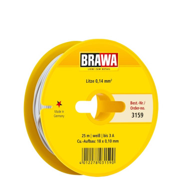 Câble 0,14 mm² cuivre multibrins, 3A, Blanc, 25 ml - BRAWA 3159