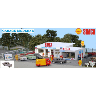 Garage moderne, 1950-1960, Station-service Shell et Atelier de réparation avec pompes et SIMA Aronde P60 - SAI 163 - HO 1/87