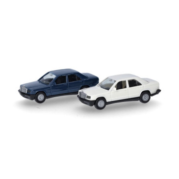 Mercedes-Benz 190E, 1982, lot de 2 MiniKit bleu labrador et blanc classique - HERPA 012409-009 - HO 1/87