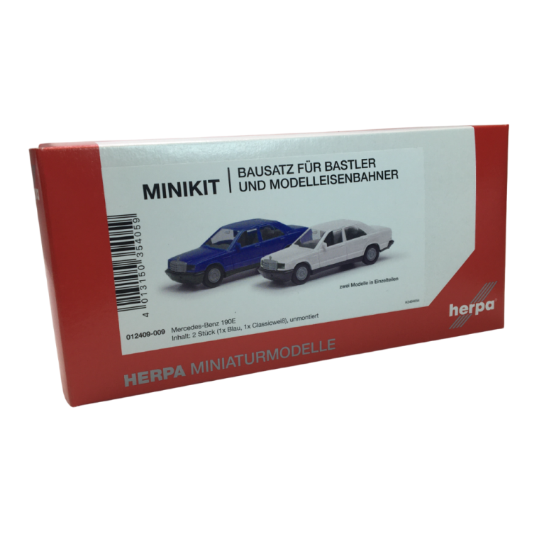 Mercedes-Benz 190E, 1982, lot de 2 MiniKit bleu labrador et blanc classique - HERPA 012409-009 - HO 1/87
