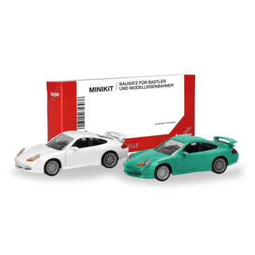 MiniKit Porsche 911 GT3, lot de 2, blanc/cyan - HERPA 014083 - HO 1/87