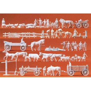 Groupes de campagnards et attelages, 60 figurines miniatures à peindre, accessoires - PREISER 16327 - HO 1/87