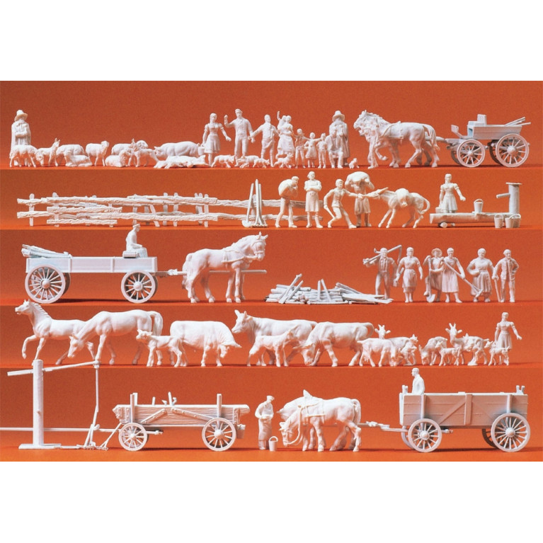 Groupes de campagnards et attelages, 60 figurines miniatures à peindre, accessoires - PREISER 16327 - HO 1/87