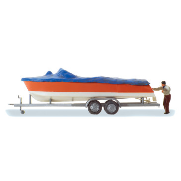Bateau à moteur, chargé sur une remorque - PREISER 33255 - HO 1/87