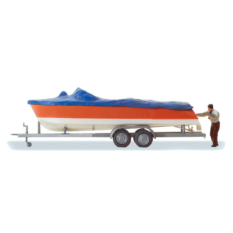 Bateau à moteur, chargé sur une remorque - PREISER 33255 - HO 1/87