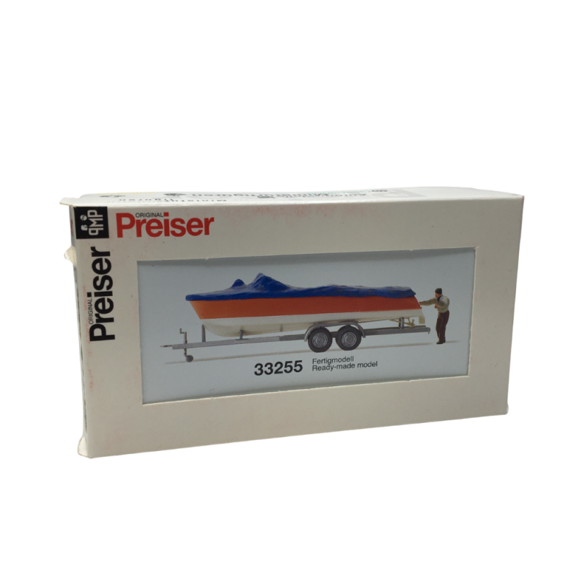 Bateau à moteur, chargé sur une remorque - PREISER 33255 - HO 1/87