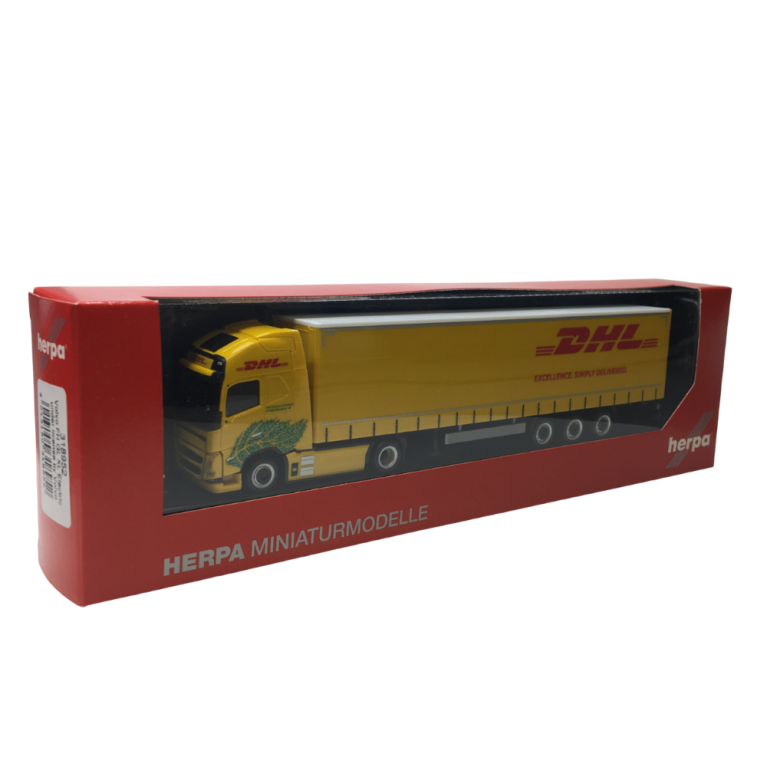 Semi-remorque à rideaux coulissants électrique Volvo FH GL XL Lowliner, DHL - HERPA 318952 - HO 1/87